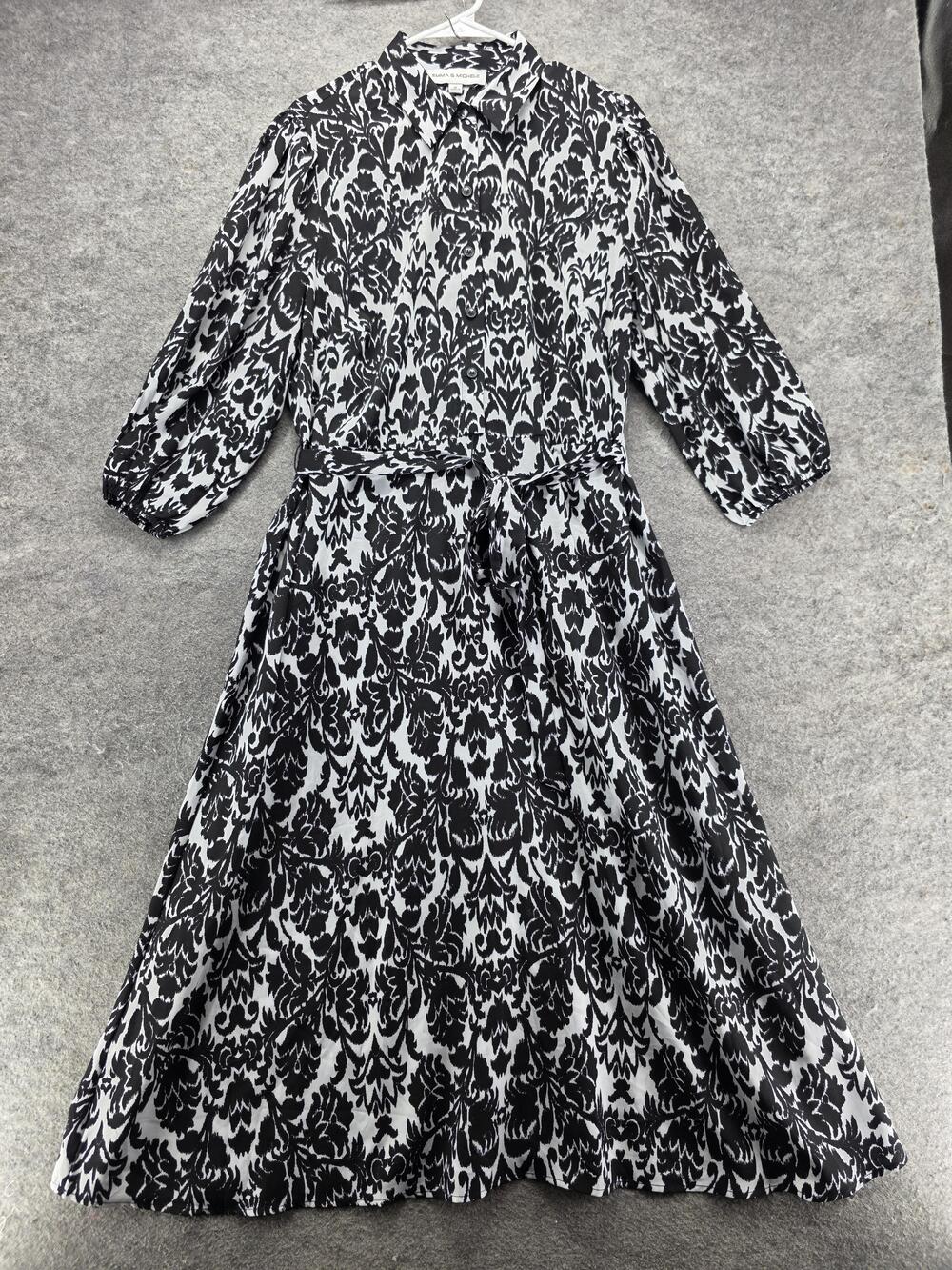 Emma & Michele Dress Womens 1X Black Floral Shirt Dress Maxi Belted Collared